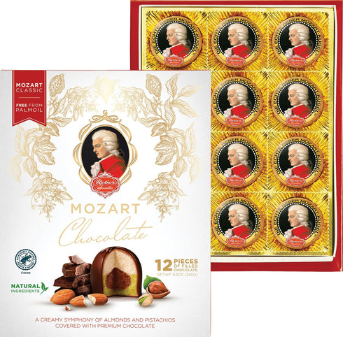 Mozart 12 REBER Kugeln Portrait Box - Premium Milk & Dark Chocolate Filled with Pistachio Marzipan, Almonds & Hazelnut