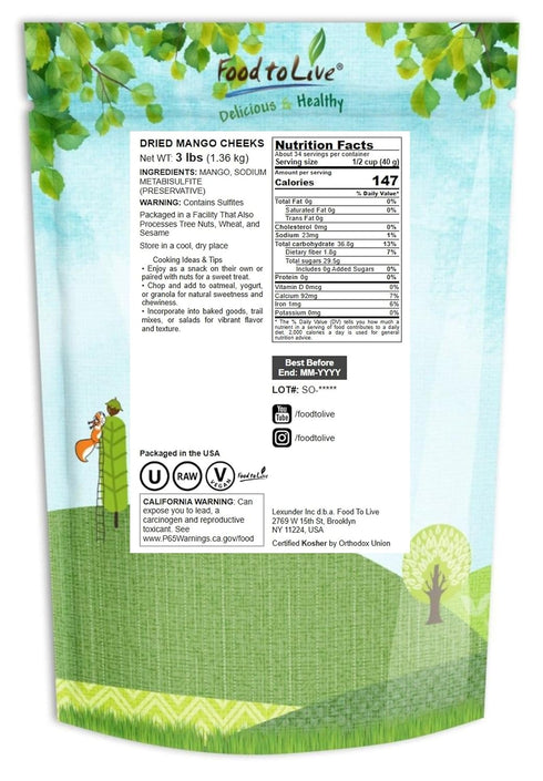 3 Food to Live Dried Mango Cheeks, Pounds - Premium Quality, Unsweetened, Unsulfured, and Preservative-Free. Naturally