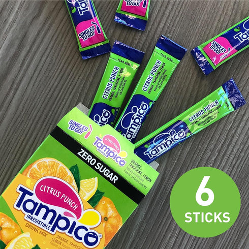 Packets, 100% 6 Count (Pack 3) SINGLES TO GO! Tampico Drink Mix Citrus Punch, Zero Sugar, Low Calorie, DV of Vitamin C