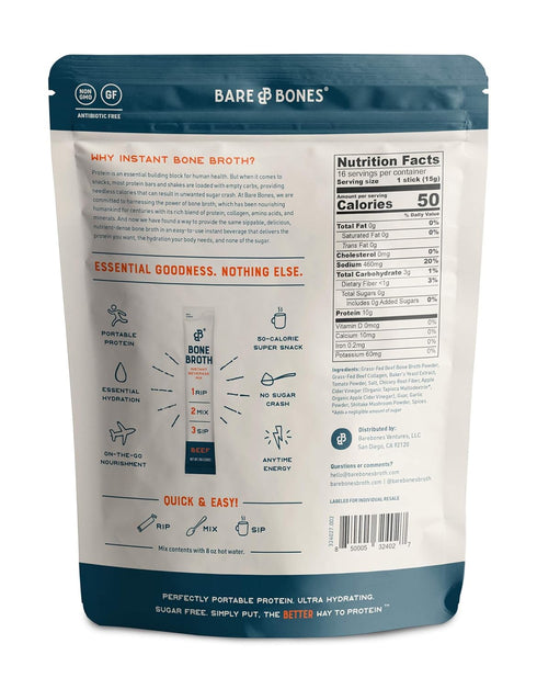 Packets 100% 10g 32 Pack Bare Bones Beef Bone Broth Instant Powdered Mix | Rich Savory on-the-Go No Artificial Flavors