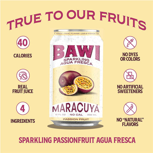 12 (Pack 12) Bawi Agua Fresca Passion Fruit Flavored Sparkling Drink, Fluid Ounces