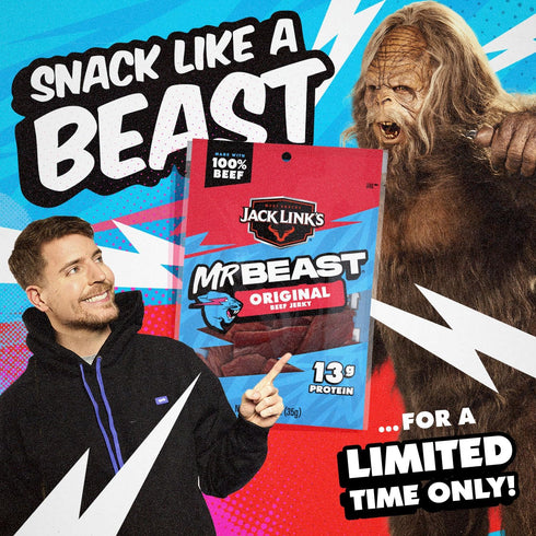 (10 Pack) 1.25 oz 13g 100% Jack Link's x MrBeast Original Beef Jerky - Bags - Ready to Eat Protein Snacks - Protein per