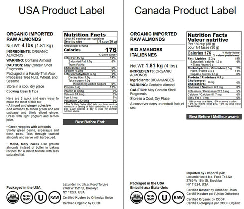 4 Food to Live - Organic Imported Raw Almonds, Pounds Non-GMO, Whole, Raw, No Shell, Unpasteurized, Unsalted, Vegan