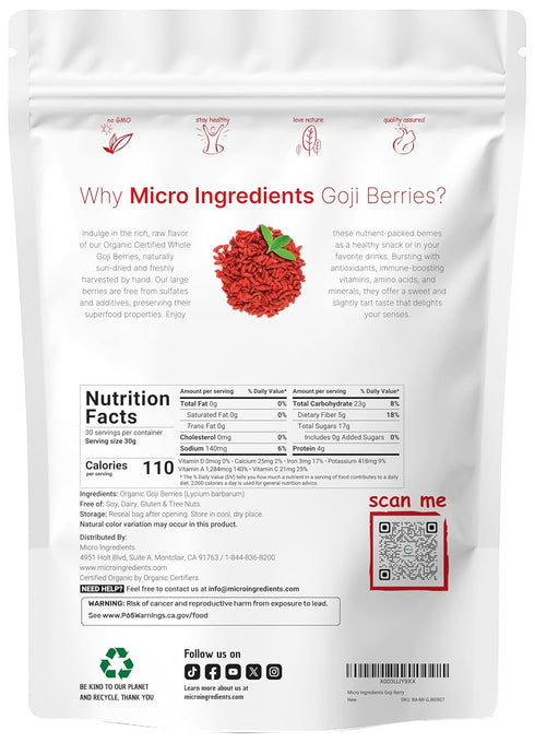 2lbs (32oz) Micro Ingredients Organic Goji Berries | Large Whole Sun-Dried Berries | Raw Superfood Wolfberries |