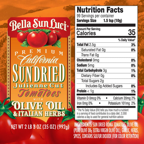 35Oz Bella Sun Luci Sun Dried Tomatoes Julienne Cut in Olive Oil, Glass Jar, Mediterranean Italian Style Sun-Ripened