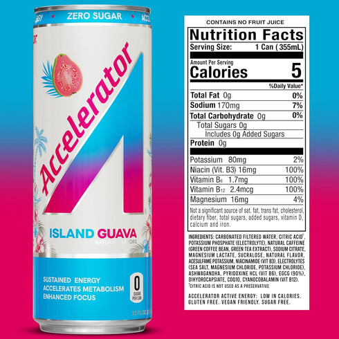 12oz (12 pack), 100% (200mg Accelerator Energy Drink, Island Guava can Zero Sugar, Sustained Energy from Natural