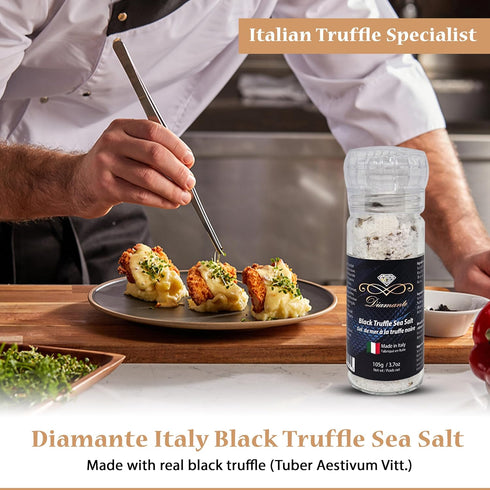 105g Diamante Italy Black Truffle Sea Salt with Glass Grinder - Gourmet Truffle Salt Seasoning - Specialty Seasoning