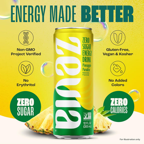 12 oz (12-Pack) Zevia Zero Sugar Energy Drink, Pineapple Paradise, Cans Naturally Sweetened, Non-GMO Project Verified