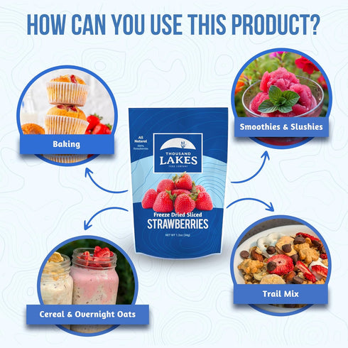 Thousand Lakes Freeze Dried Sliced Strawberries, Premium Fruit, Bulk 5 oz, No Sugar Added, 100% Strawberries