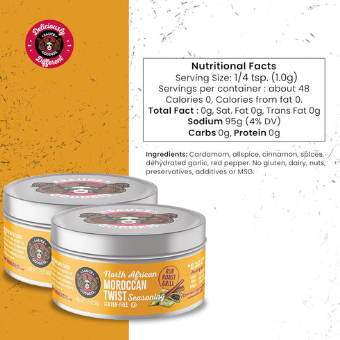 Sauce Goddess Moroccan Twist Fresh Spice Blend, Vegan All-Natural, Gluten Free, 2 (1.75g) Tin Cans