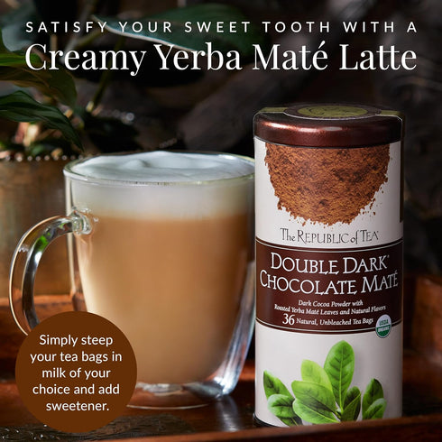 36 The Republic of Tea Organic Double Dark Chocolate Mat, Naturally Caffeinated Yerba Mat, Steeps Cups