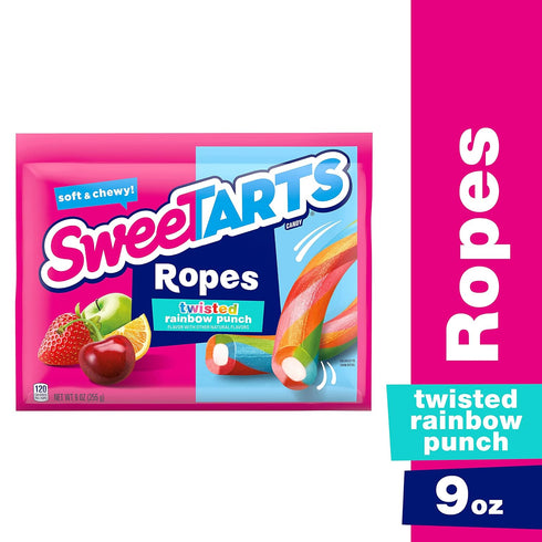 9 oz (Pack 3) SweeTARTS Ropes, Candy, Twisted Rainbow Punch, Soft and Chewy