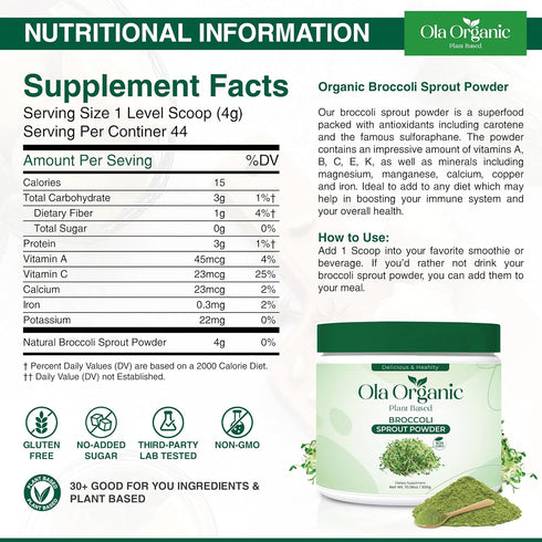 Ola Organic (300g Broccoli Sprout Powder Sulforaphane-Rich Superfood with Vitamins & Minerals Supports Daily Wellness