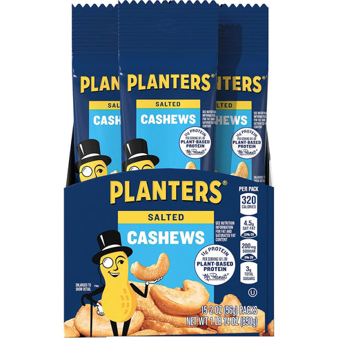 2 oz Packages, 15 Count PLANTERS Salted Cashews, Roasted Cashews, Snacks for Adults