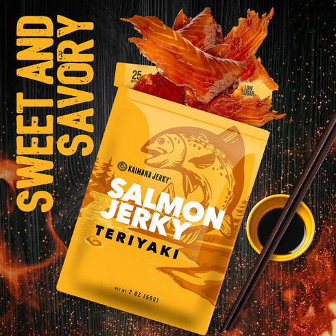 Omega-3 3-Pack (2oz Kaimana Jerky Wild Caught Salmon Teriyaki Jerky - Organic Sweet & Savory Dried Fish Strips, Rich