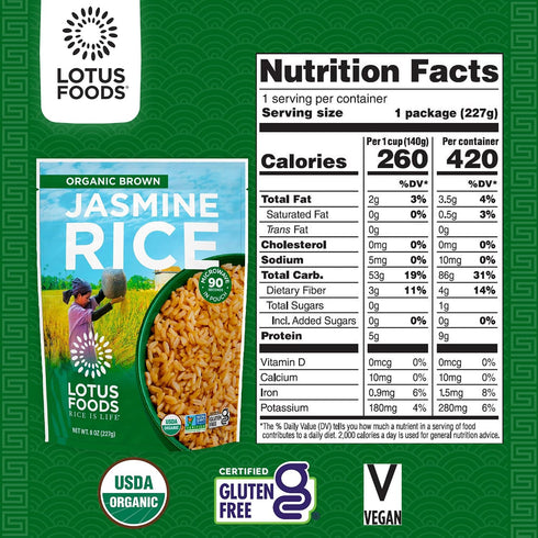 8 Oz (Pack 6) Lotus Foods Organic Brown Jasmine Rice Heat & Eat Pouch - Jasmine Rice, Gluten Free Brown Rice, Organic