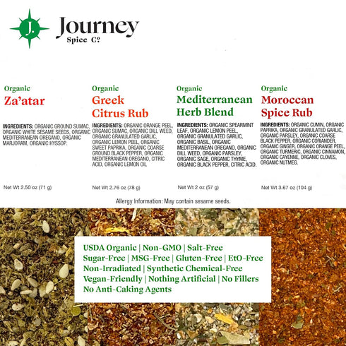 Set 10.93 oz. Organic Gourmet Mediterranean Spice and Seasoning Gift by Journey Spice Co. | Salt-Free | Sugar-Free |
