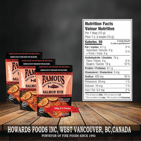 Famous 100g Pack 3 (3, 100g) British Columbia Salmon Rub Authentic West Coast Salmon Seasoning for BBQ, Oven, and Cedar