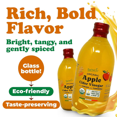 500 ml (Pack 3) Food To Live Organic Apple Cider Vinegar with Ginger and Turmeric, Raw, Italian, Unfiltered