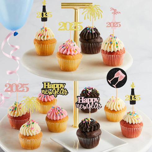 24 Pcs Happy New Year Cupcake Toppers, Glitter Rose Gold and Gold, Cheers to 2025 Decoration