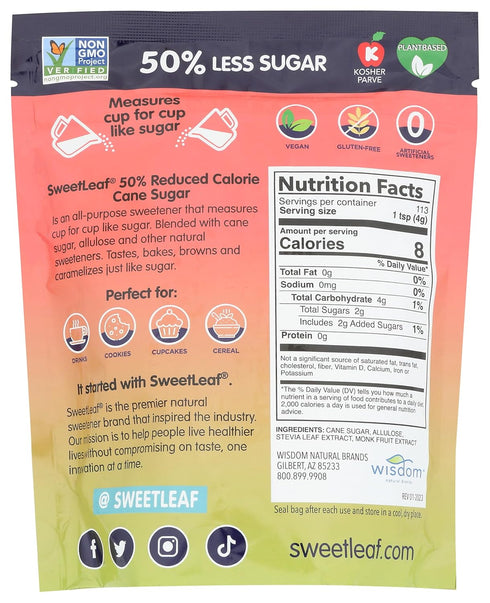 50% 8 16 Oz SweetLeaf Reduced Calorie Cane Sugar with Allulose, Stevia and Monk Fruit Extract - All Purpose Natural