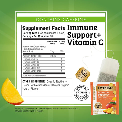 Immune 16 (Pack 6), 96 Twinings Superblends Support+ Herbal Tea with Vitamin C, Ginger & Mango Flavoured Green Tea, Tea