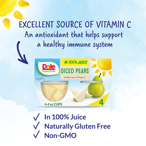 Dole Fruit Bowls Diced Pears in 100% Juice, 4oz, 24 Total Cups, Gluten & Dairy Free, Bulk Lunch Snacks
