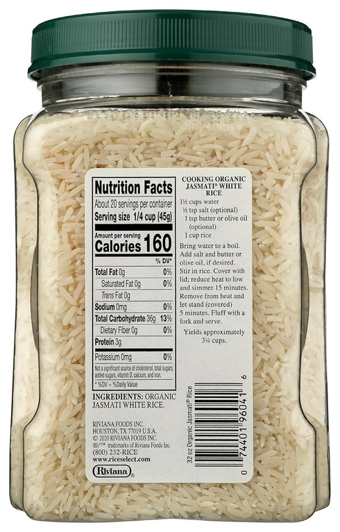 32-Ounce RiceSelect Jasmati Organic Rice, Long-Grain Organic Jasmine Rice, Premium Gluten-Free Rice, Non-GMO, Jar