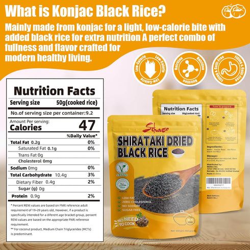 16.2oz Shirataki Konjac Dried Black Rice - No-Cook Instant Black Rice, Keto Friendly Low-Carb Meal Alternative, Low GI