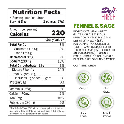 31g (8 oz) Dojo Fresh Fennel & Sage Plant Protein Mix (Wheat-Based, Seitan-Style) Protein-Rich Crumbles for Pan-Fry