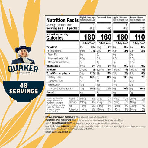 4 Pack, Packets, 48 Count Quaker Instant Oatmeal, Flavor Variety Individual