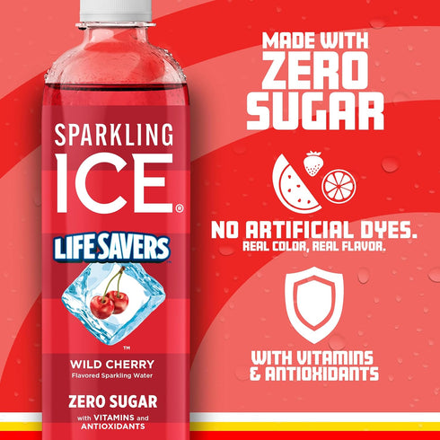 17 oz (Pack 12) Sparkling Ice LIFESAVERS Wild Cherry, Zero Sugar Flavored Sparkling Water, with Vitamins