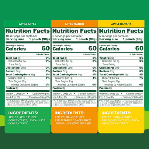 Pack, 3.2 oz (Pack 20), GoGo squeeZ No Sugar Added Applesauce and Fruit Puree Variety Apple, Mango & Banana, Pouches