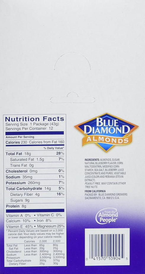 (1.5 Oz. Pack 12) Blue Diamond Almonds, Blueberry Flavored Snack Nuts, Single Serve Bags Tubes