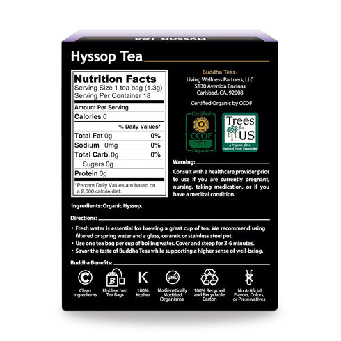 Buddha Teas Organic Hyssop Tea - OU Kosher, USDA Organic, 18 Bleach-Free Tea Bags