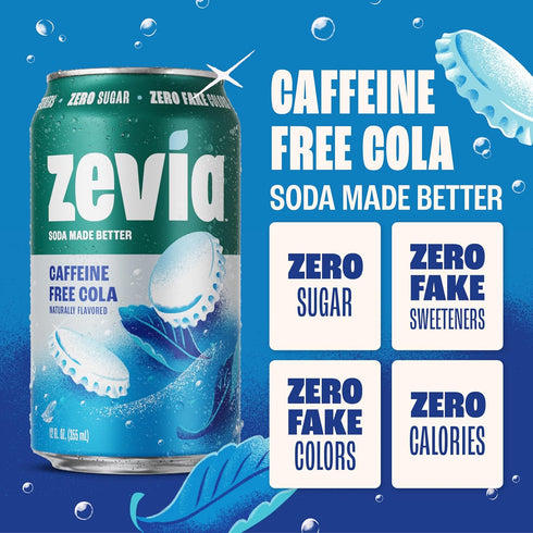12 oz (24-Pack) Zevia Zero Sugar Soda, Caffeine Free Cola, Cans Naturally Sweetened, Zero Calorie Sugar Free Soda
