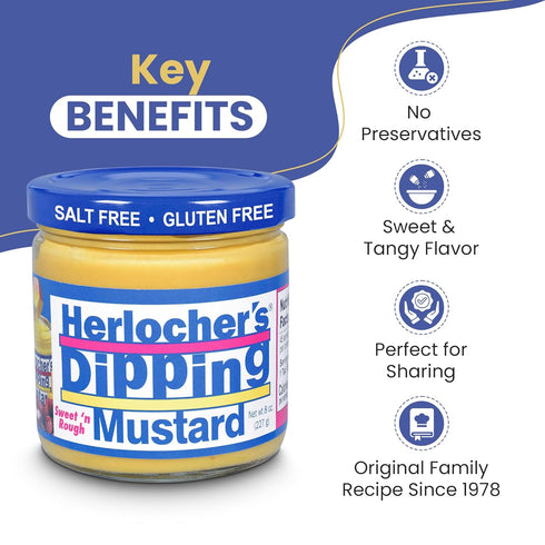Pack 2 8 oz Herlochers Dipping Mustard of | Sweet & Tangy Mustard Dip, Jar | Gluten-Free, Salt-Free, Fat-Free | Perfect