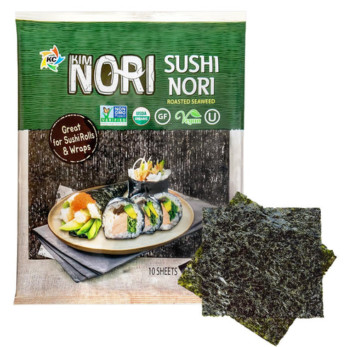 KIMNORI Sushi Nori Seaweed Sheets – 10 Full Size USDA Organic Yaki Roasted Rolls Wraps Snack 100% Natural Laver Gluten
