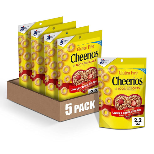 Cheerios Whole Grain Oats Gluten-Free Breakfast Cereal, 2.2 oz Pouch (Pack of