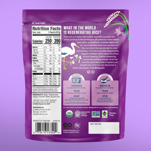 8 Oz Lundberg Jasmine Rice, Long Grain White Rice - Non-Sticky, Fluffy Aromatic Rice, Sustainably Grown in California