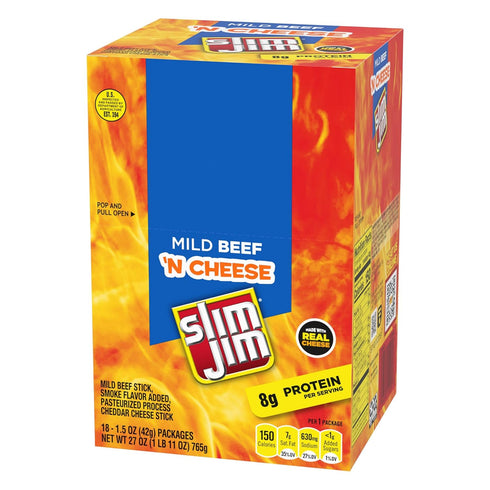 8g 1.5 oz. (18 Count) Slim Jim Beef 'N Cheese Smoked Meat Sticks, Mild Flavor, Protein Per Serving