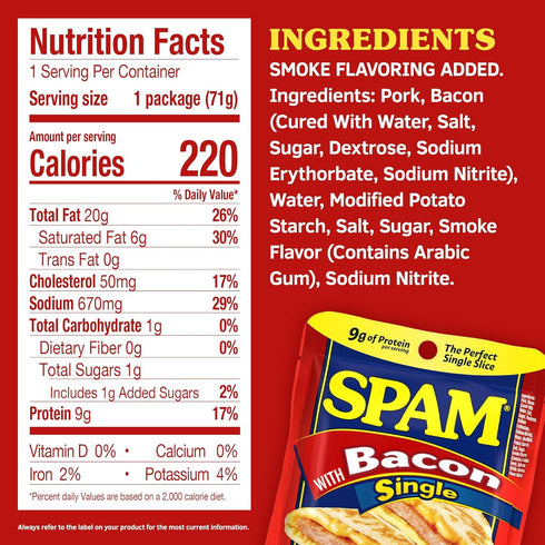 2.5oz (Pack 12) 9g 0g SPAM Single Bacon Individual Pouch of Fully Cooked Pork and Ham, of Protein, Trans Fat, Low Carb