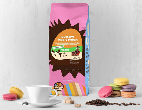 10oz Crazy Cups Decaf Flavored Ground Coffee, Decaffeinated Buttery Maple Pecan Coffee, For Brewing Flavored Hot