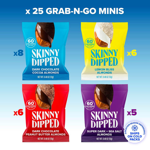 Pack, 0.46 oz Pack 25 SkinnyDipped Snack Attack Minis Almond Variety Healthy Snack, Plant Protein, Gluten Free, Mini