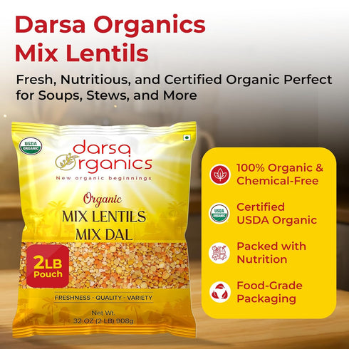 2lb Darsa Organics Mixed Lentils (Panchratna Dal) | USDA Organic, Non-GMO, Kosher | Superfood Rich in Protein & Fiber |
