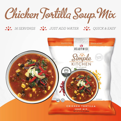 16 1 Pack READYWISE - Simple Kitchen, Chicken Tortilla Soup, Servings, MRE, Gluten Free, Food, Soup Mix, for Events