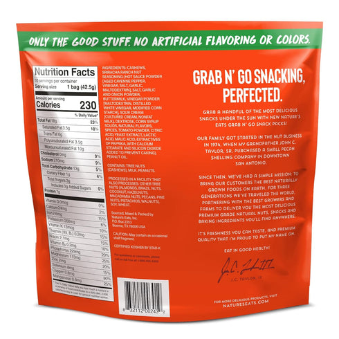 Pack 1.5oz (pack 10) Nature's Eats Sriracha Ranch Cashew Snack