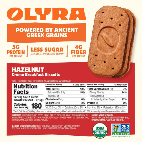 24 Packs Olyra Hazelnut Cocoa Sandwich Breakfast Biscuits, Healthy Snacks for Adults and Kids, Low Sugar, High Fiber
