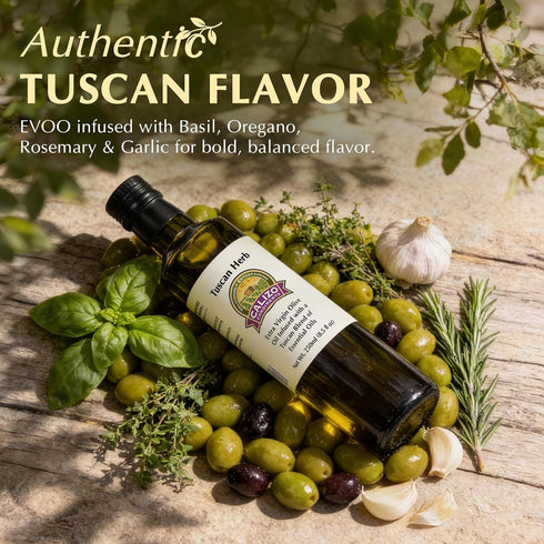 250ml Calizo Tuscan Herb Infused Olive Oil, Glass Bottle, Cold Pressed Extra Virgin EVOO with Real Basil, Oregano