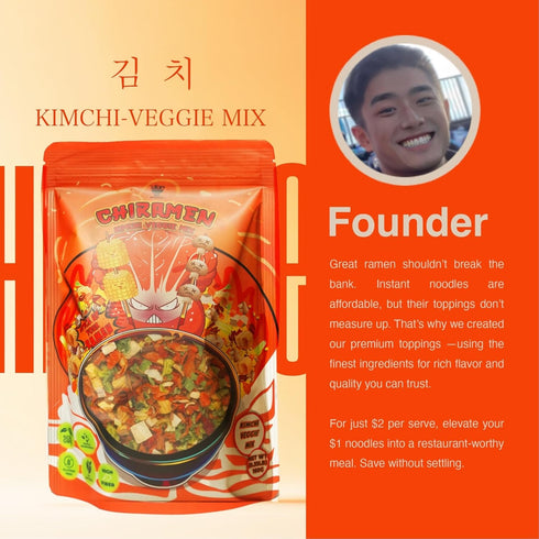 CHIRAMEN Kimchi Veggie Mix Dried Ramen Toppings, Kimchi, Mushrooms, Sweet Pepper, Tofu, Cabbage, Chives, Corn, Perfect